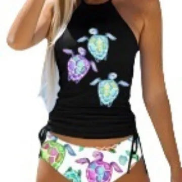 Women's conservative one-piece swimsuit with colourful split patterns and matching shorts