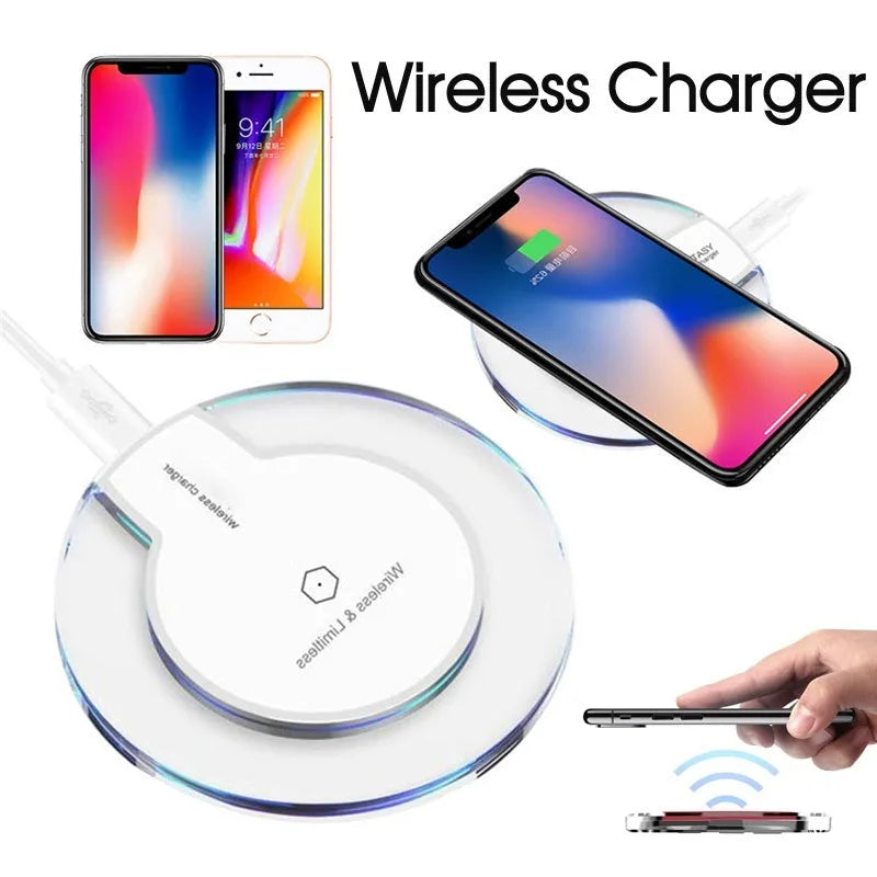 Black wireless charging pad compatible with Samsung Galaxy and iPhone smartphones
