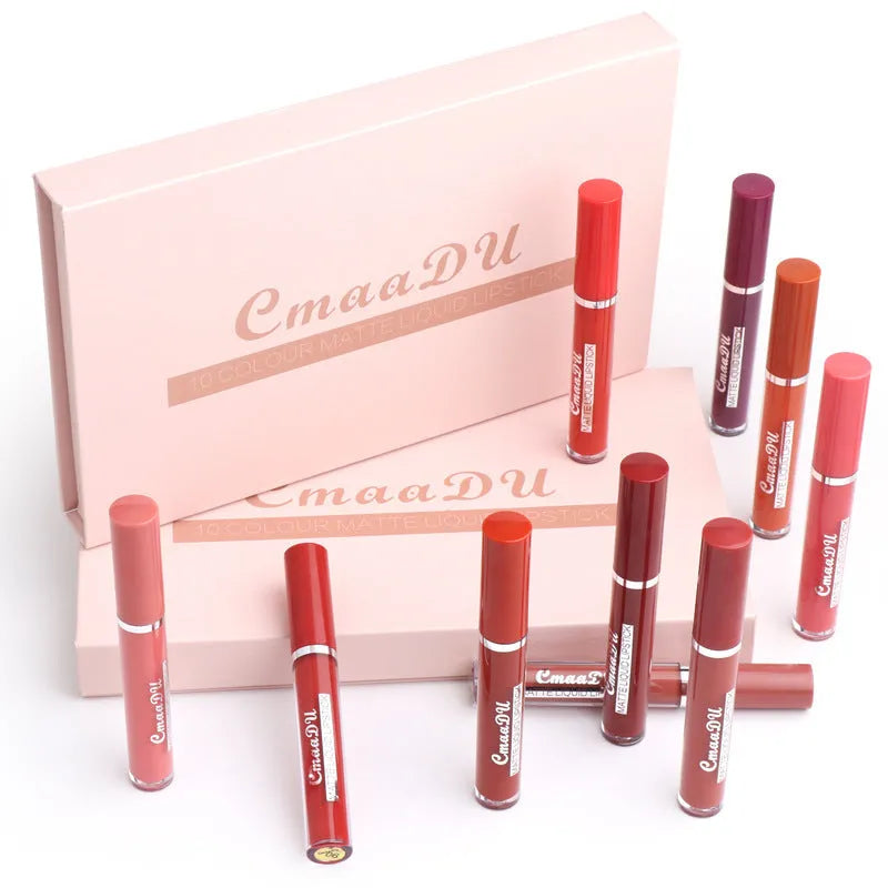 10-piece set of women's matte lipsticks in waterproof non-stick cup formula
