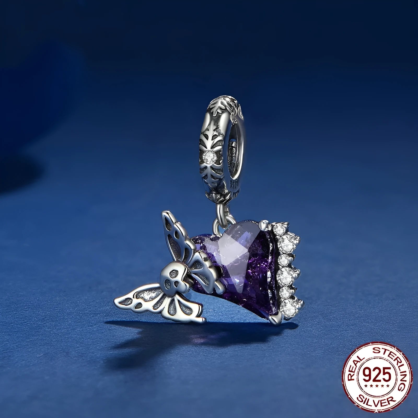 S925 silver skull butterfly bead DIY pendant part 23x14mm inlay finish on white background