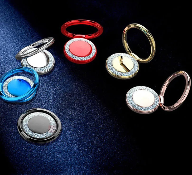 Sparkling bling glitter metal phone holder ring showing rotation, attached to a smartphone.