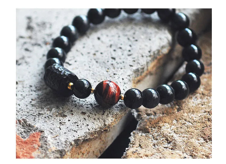 Men's obsidian crystal bracelet Korean style with black beads on wrist