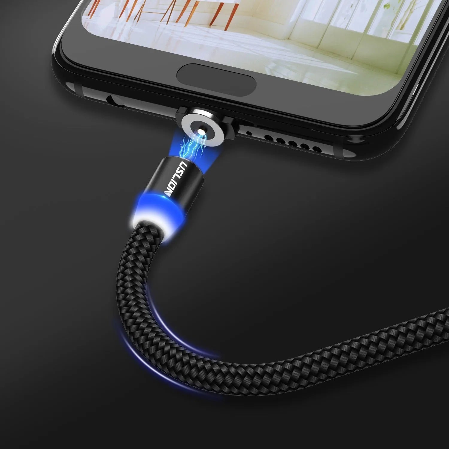 USLION circular magnetic charging cable with aluminium alloy housing and LED indicator