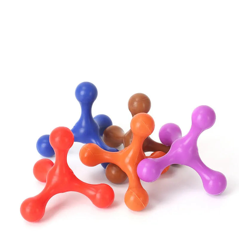 Blue three-legged silicone dog chew toy for small medium breeds on a white background.