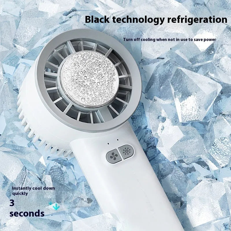 White and light blue handheld portable fan with touch controls and three blades.