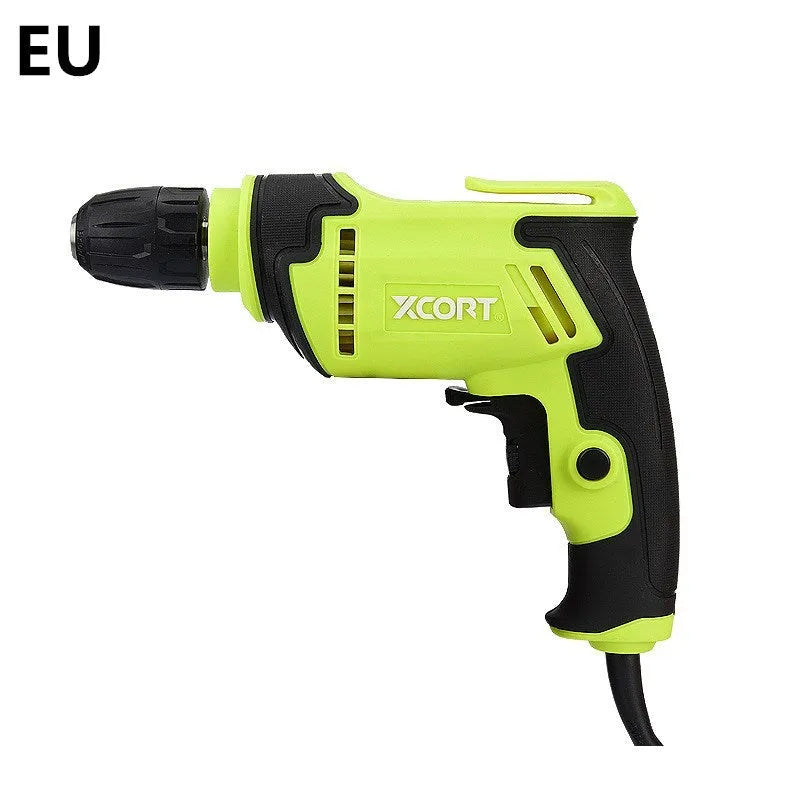 Pistol grip electric drill with a 10mm chuck on a workbench.