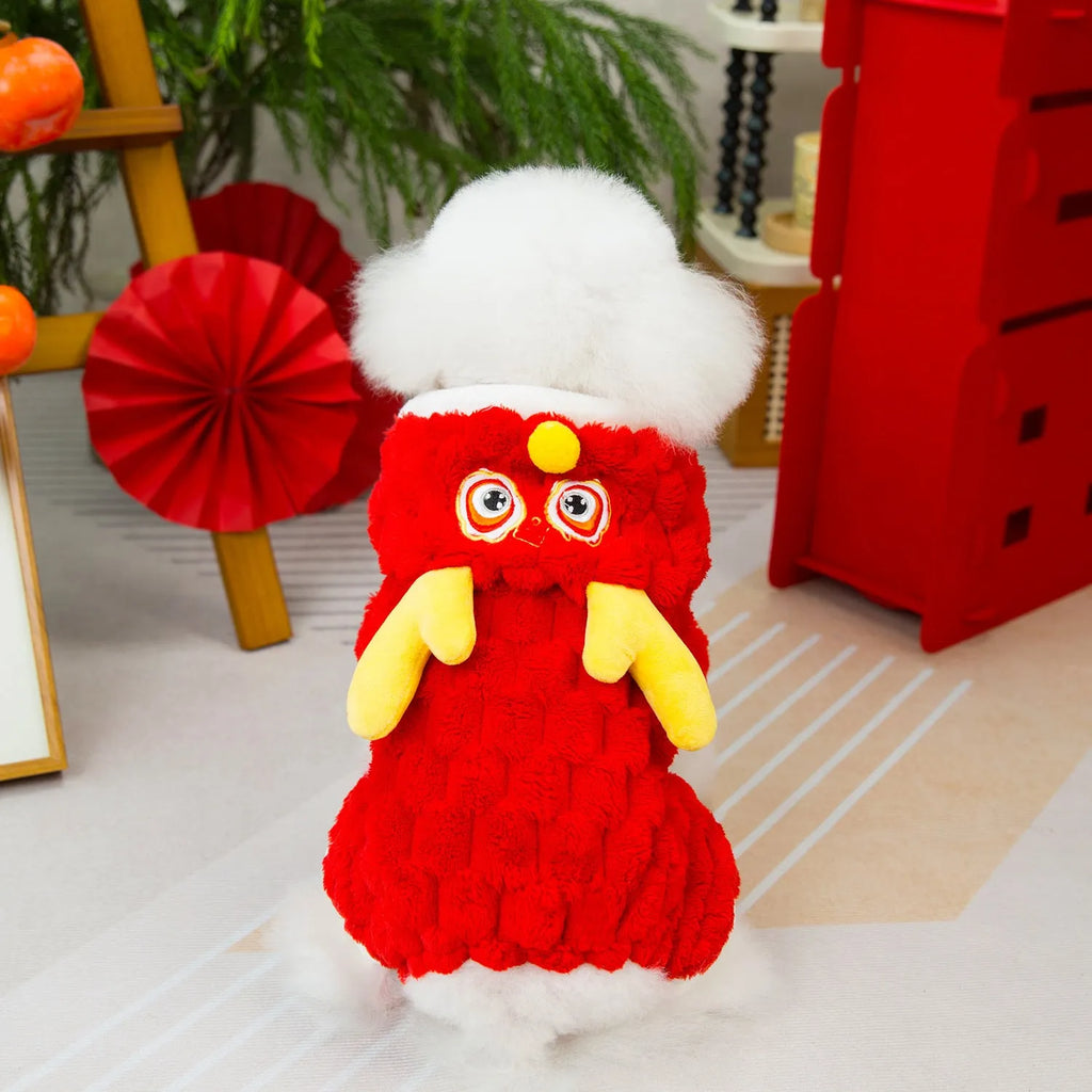 Red velvet dog jacket with cartoon dragon design for festive pet wear