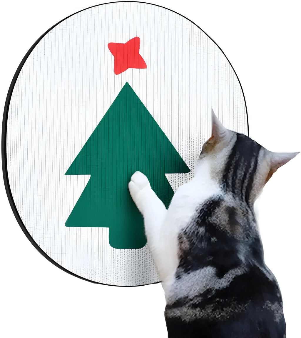 Wall-mounted corrugated cardboard cat scratcher pad with catnip on a white wall