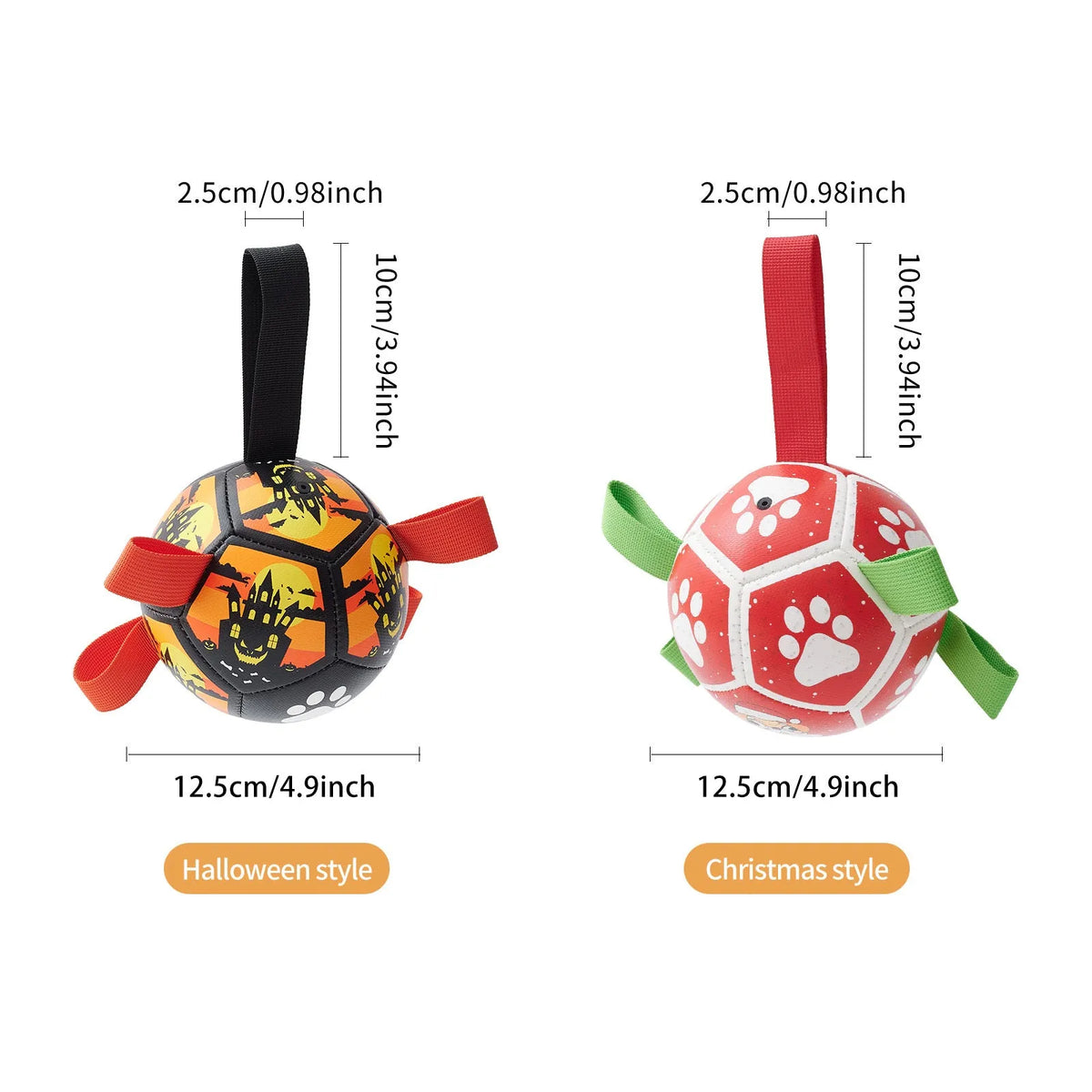 Dog soccer ball toy with straps in Christmas and Halloween colours for tug of war and water play