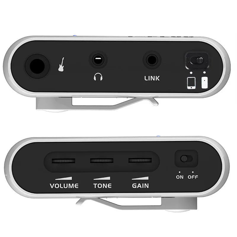 White multi-effects metal distortion headphone amplifier with battery compartment and connectors