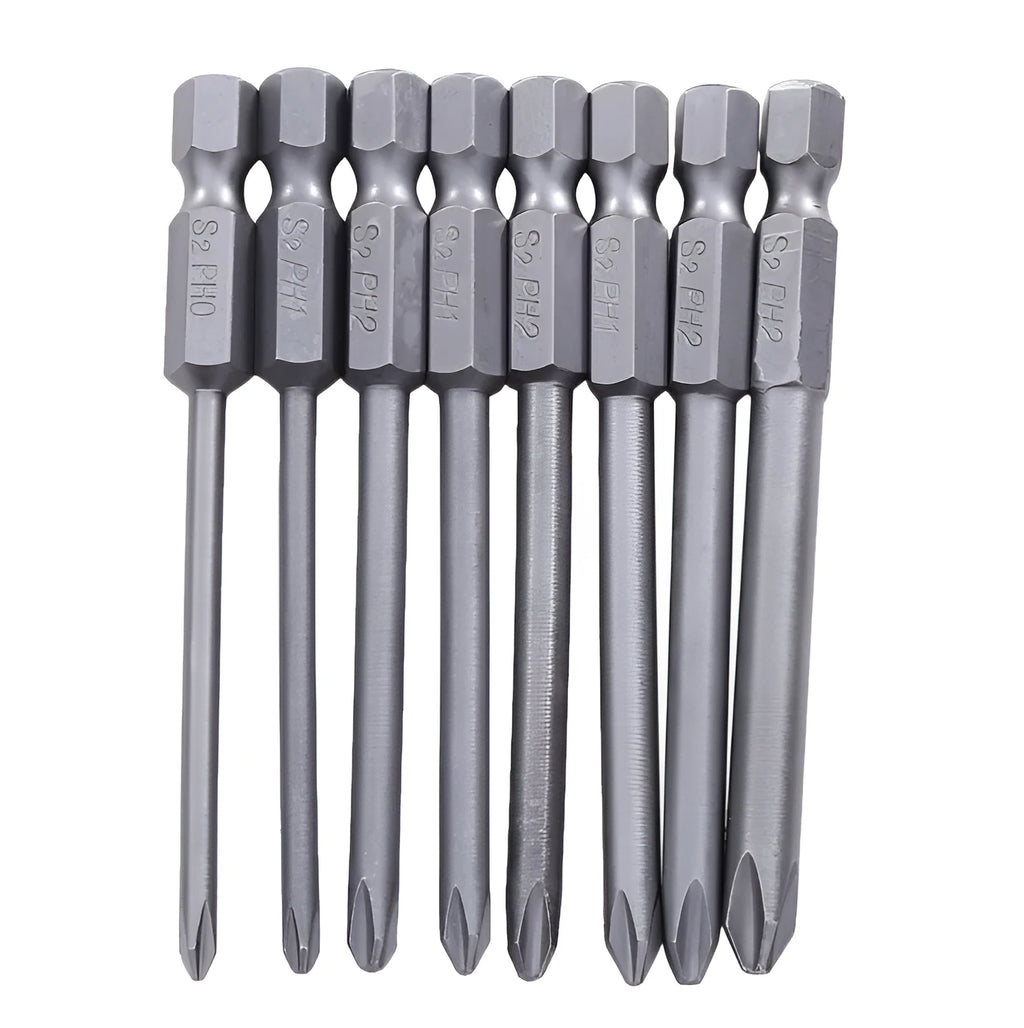 8 magnetic screwdriver bits with hex shanks in Phillips sizes PH0 to PH2