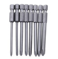 8 magnetic screwdriver bits with hex shanks in Phillips sizes PH0 to PH2