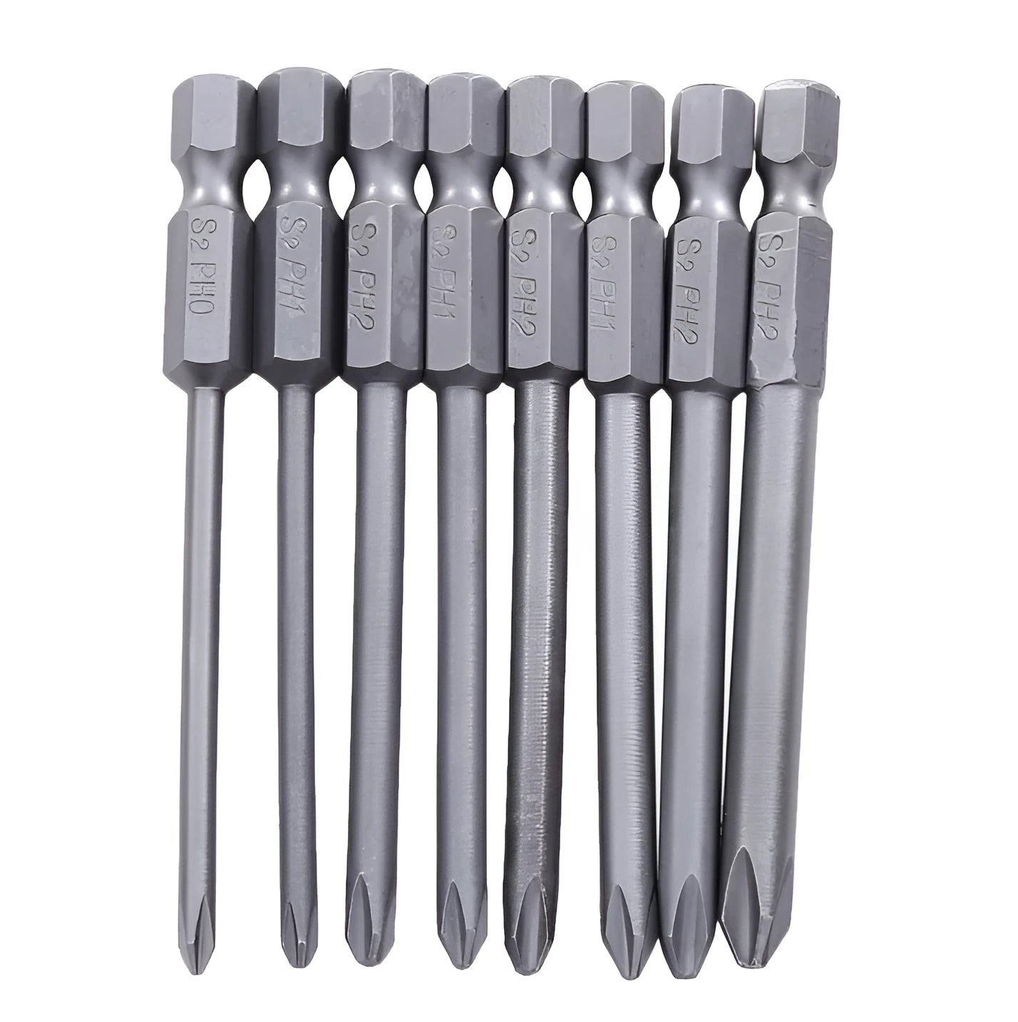 8 magnetic screwdriver bits with hex shanks in Phillips sizes PH0 to PH2