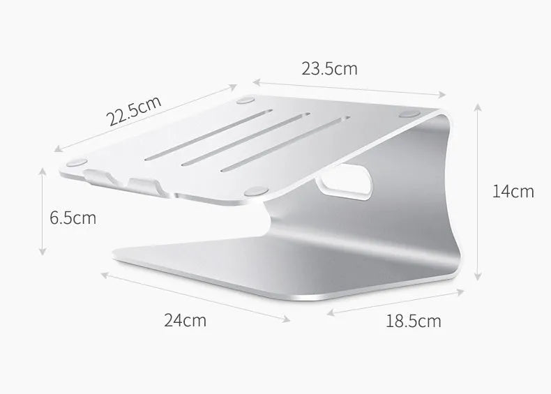 Silver aluminium laptop cooling bracket with striped texture on a wooden desk, rotated at an angle.