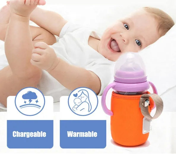 Orange and blue USB-powered baby bottle warmer wrap showing size and USB connector.