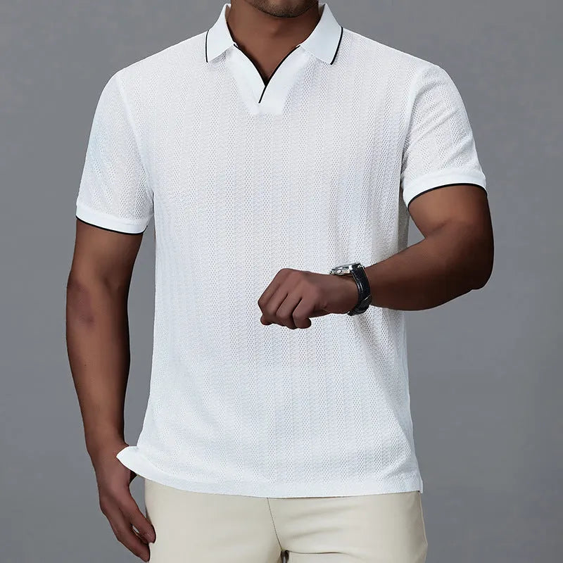 Men's short-sleeved loose fit polo shirt in ice silk nylon, shown in black, orange, and white.