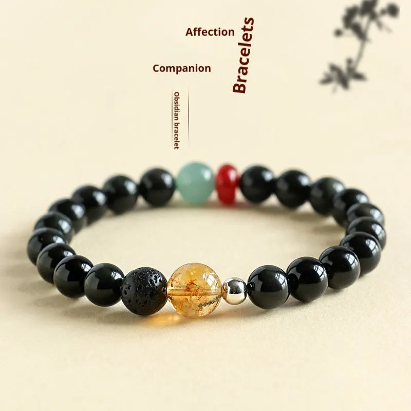 Chinese style obsidian agate jade crystal couple bracelet with 8mm or 10mm natural stone beads