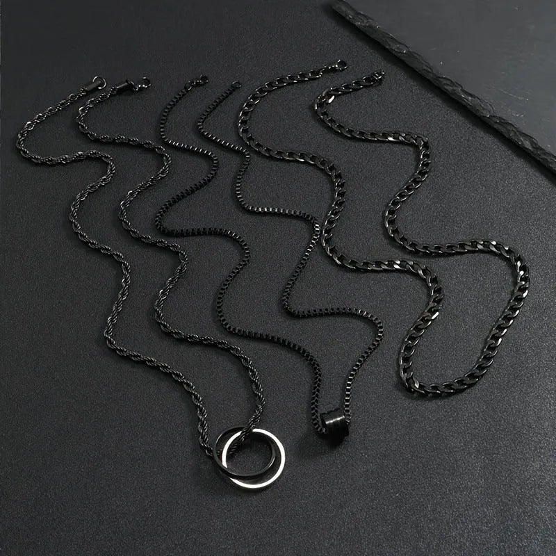 Men's black titanium steel geometric necklace set with three-dimensional cylindrical ring buckles on stainless steel chains