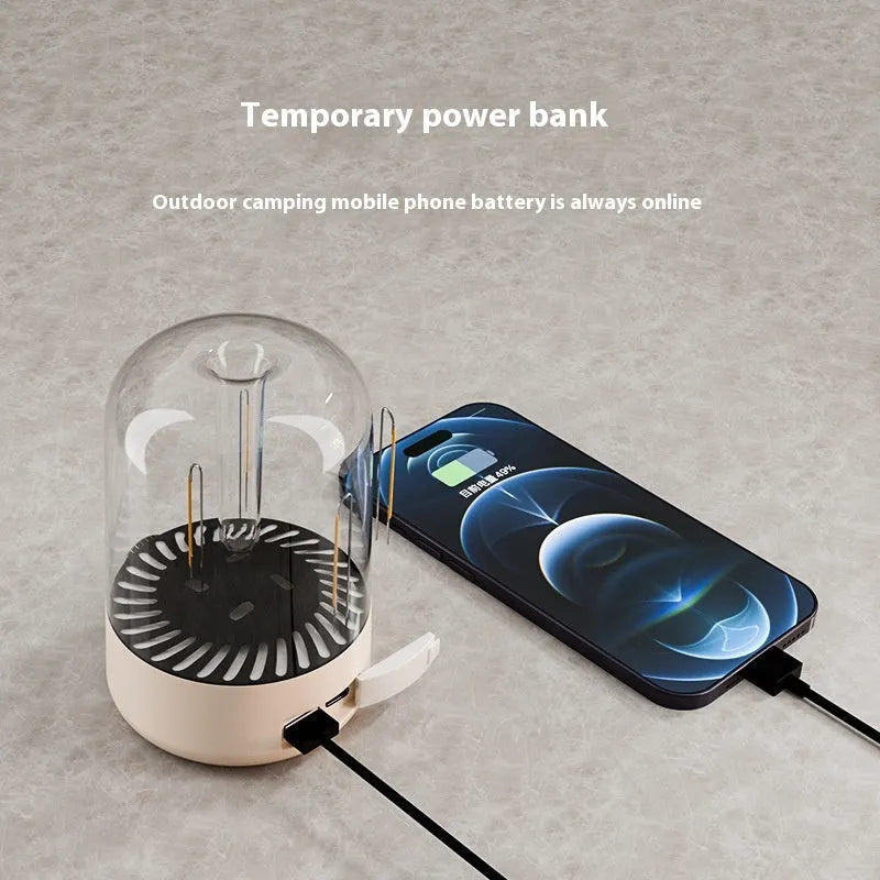 Beige and black camping ambience light with control knob and USB port for outdoor lighting