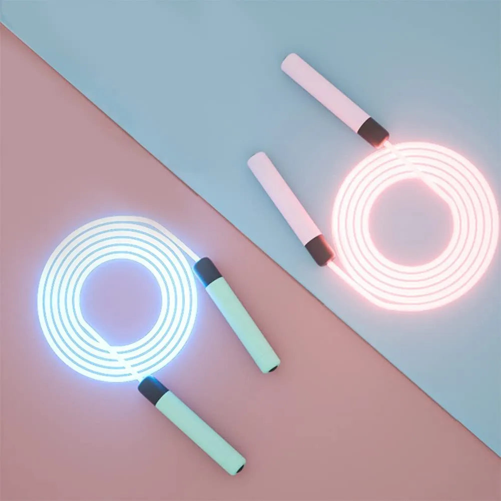 Luminous skipping rope with blue handles and glowing rope, adjustable 2.8m for fitness