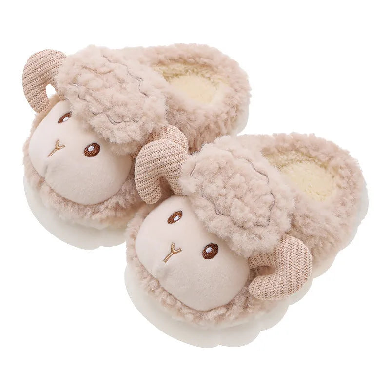 Children's cotton slippers with plush upper in pink, beige, and khaki, PVC sole, indoor use