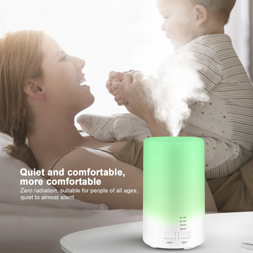 White USB mini ultrasonic aromatherapy diffuser with 7-colour LED light, 125ml capacity, 75 x 130mm