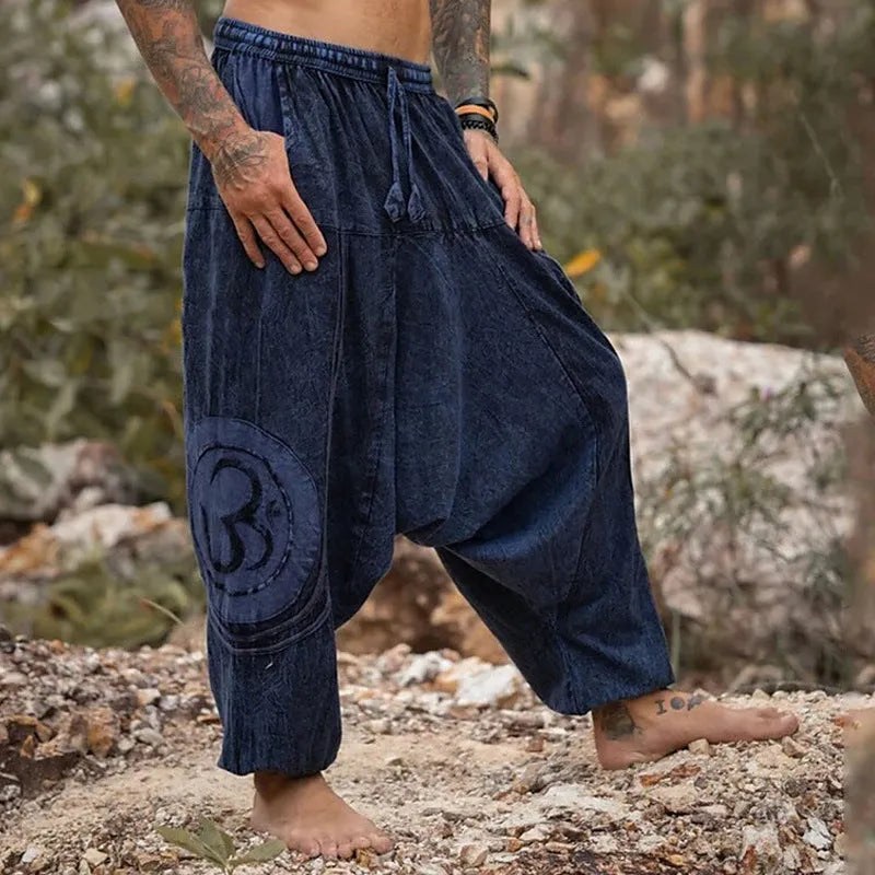 Men's dark green ethnic pattern ankle-tied casual trousers with mid waist and thin polyester construction