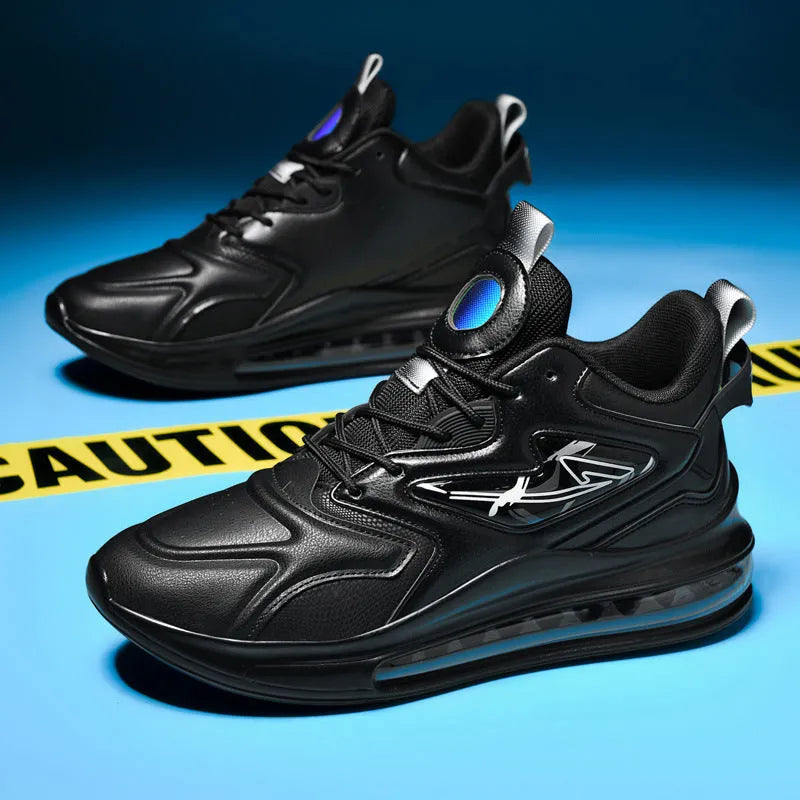 Men's colour-matching lace-up air cushion sneakers with thick sole, microfiber upper, and PU sole in black, green, and white