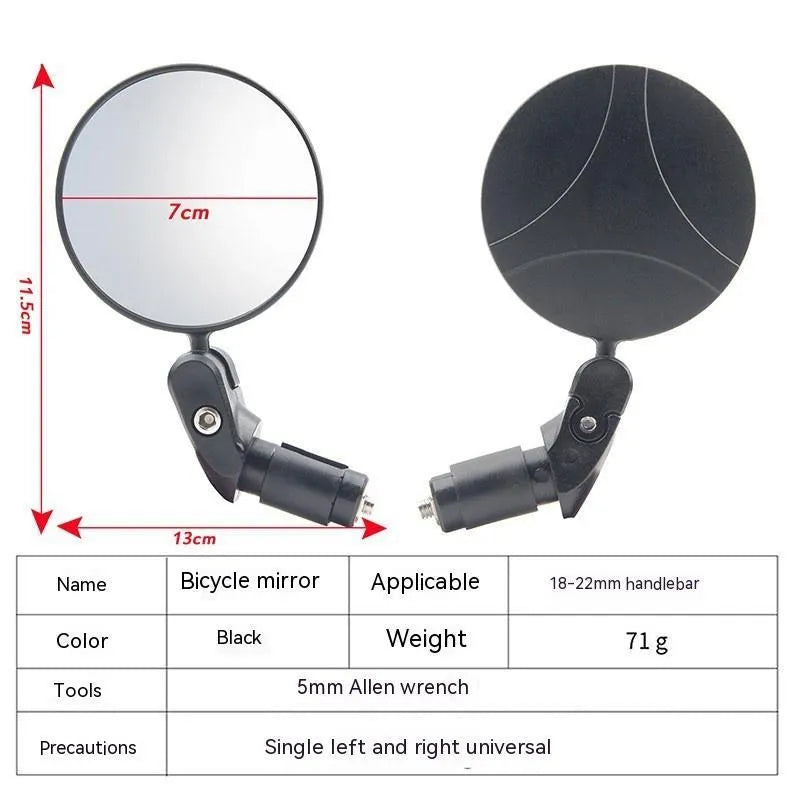 Black ABS convex rearview mirror showing 7cm diameter reflector and adjustable stem.
