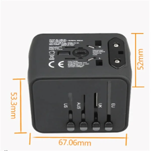 Multi-function travel socket adapter with USB charger, PC shell, black, 66x53x52mm, 4 socket holes for global use