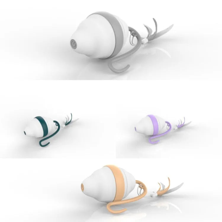 Gray 360 rolling mouse cat toy with feather teaser on plastic body, 11x8.5x6cm