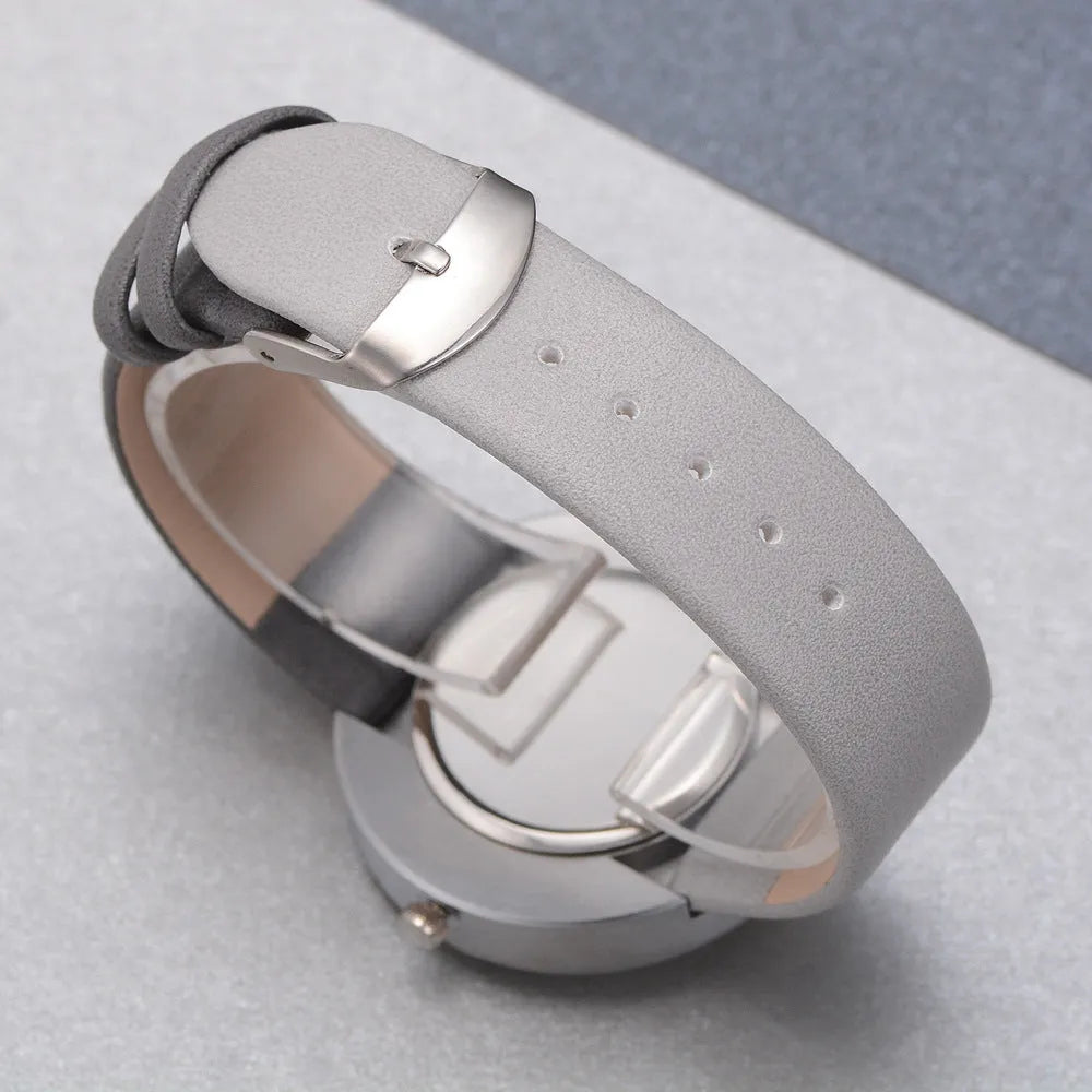Women's grey contrast PU strap quartz watch with 40mm alloy case, pin buckle, and ordinary glass mirror