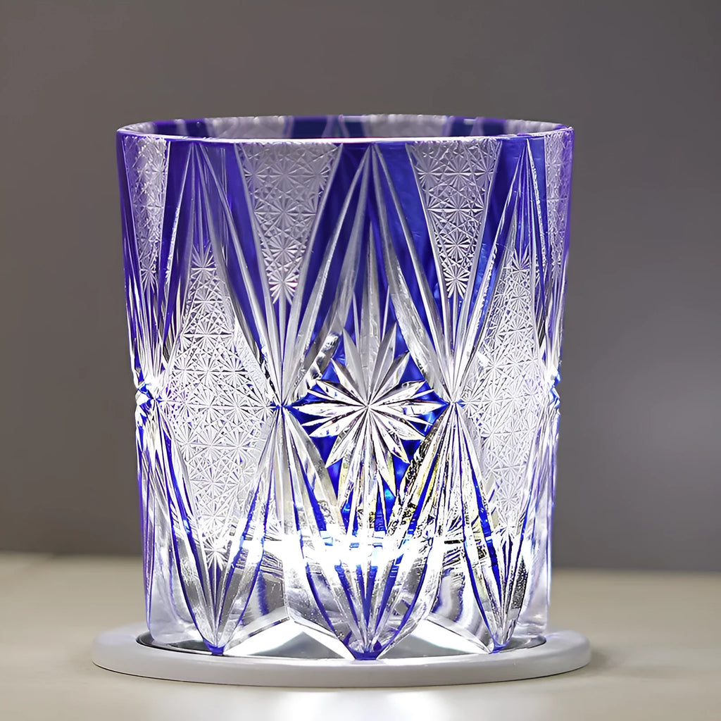 Blue hand carved crystal wine glass with 260ml capacity, retro Japanese style, on a table