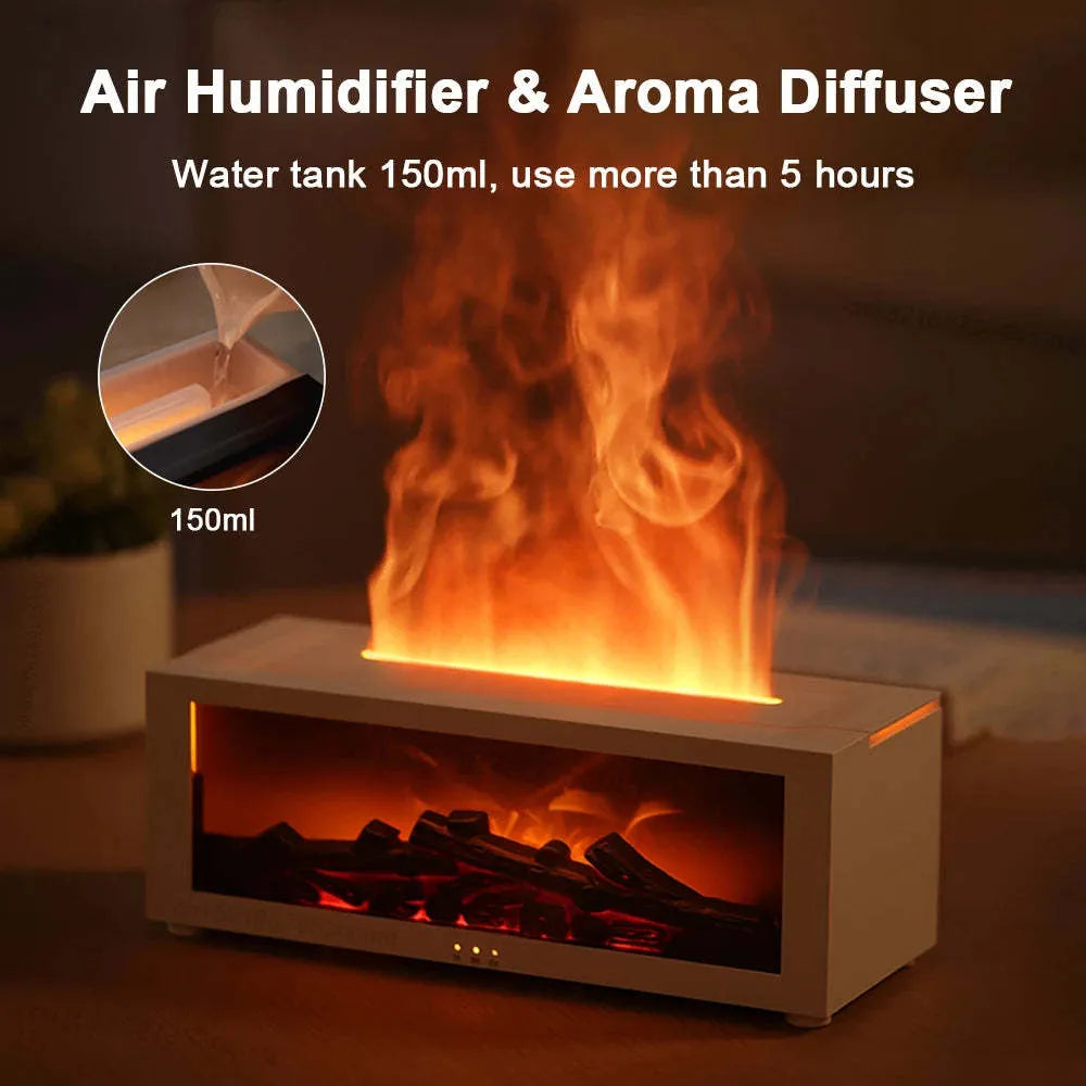 Square flame aromatherapy diffuser with 3D flame effect and seven colour LED mood lighting