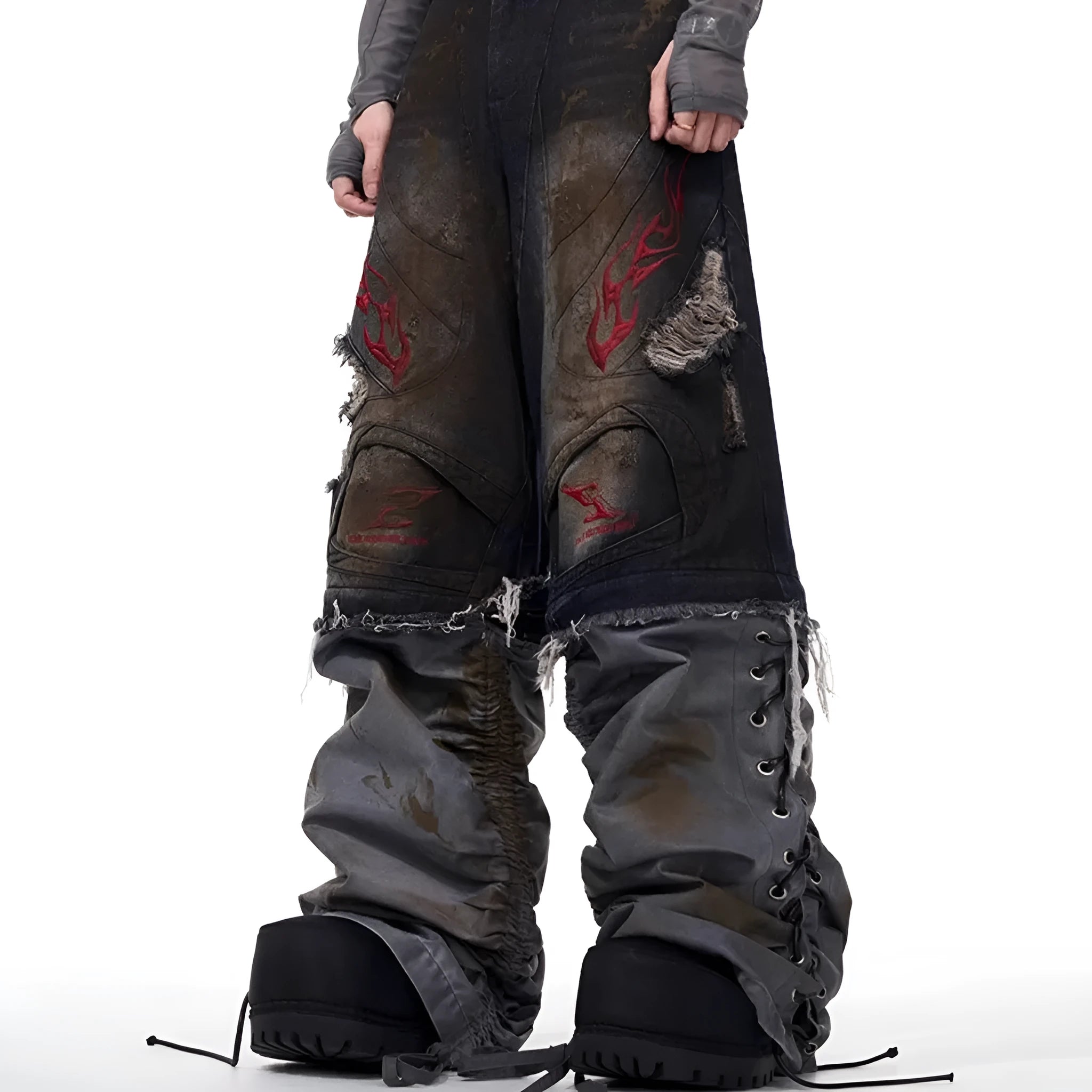 Men's retro jeans with detachable trouser legs showing wide leg denim design