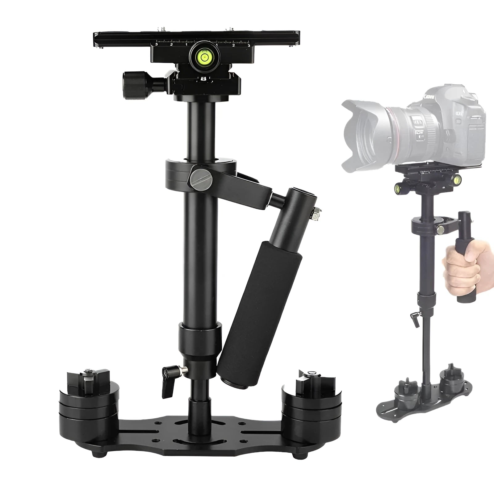 Black aluminium handheld camera stabilizer with adjustable height for S40 and S60 models.