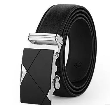 Men's two-layer cowhide belt with gold alloy automatic buckle on a flat surface