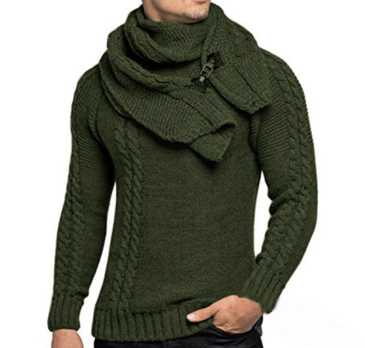 Men winter sweater slim fit pullover in green long sleeve knitwear for cold weather