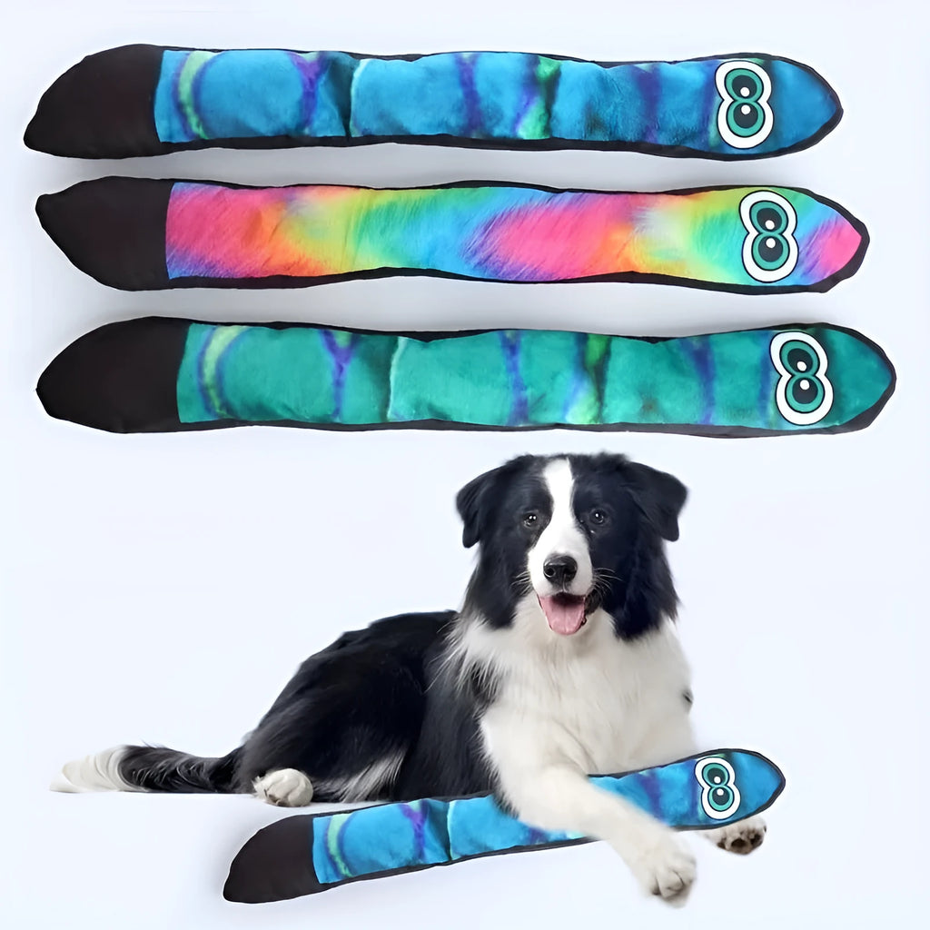 Blue and green plush snake dog squeaky toy with multicolour stripes
