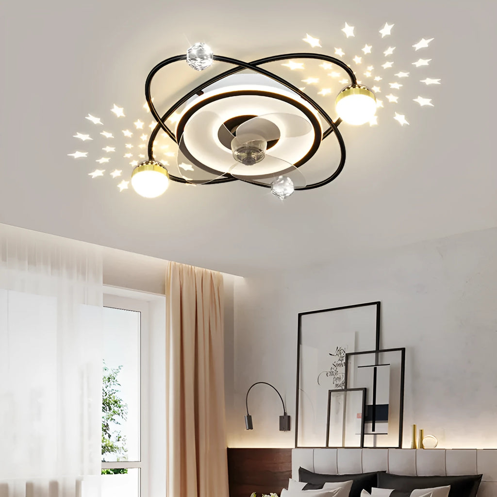 Nordic ceiling fan light with LED, remote control, stepless dimming, black finish, 53cm for bedroom