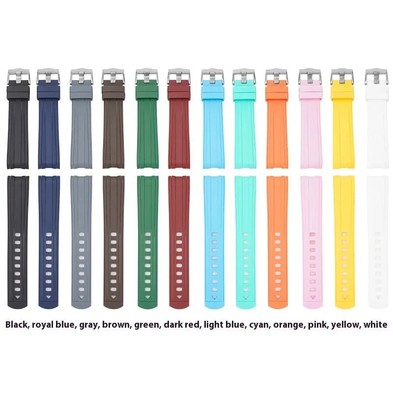 20mm Apple Watch replacement strap in multiple colours with silver buckle, shown fitting a watch.