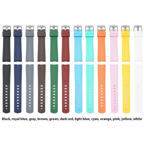 20mm Apple Watch replacement strap in multiple colours with silver buckle, shown fitting a watch.