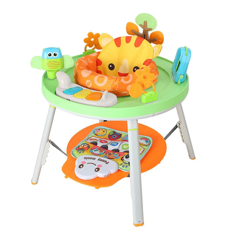 Baby jumping chair activity centre with bouncing frame and interactive toys in duck design.