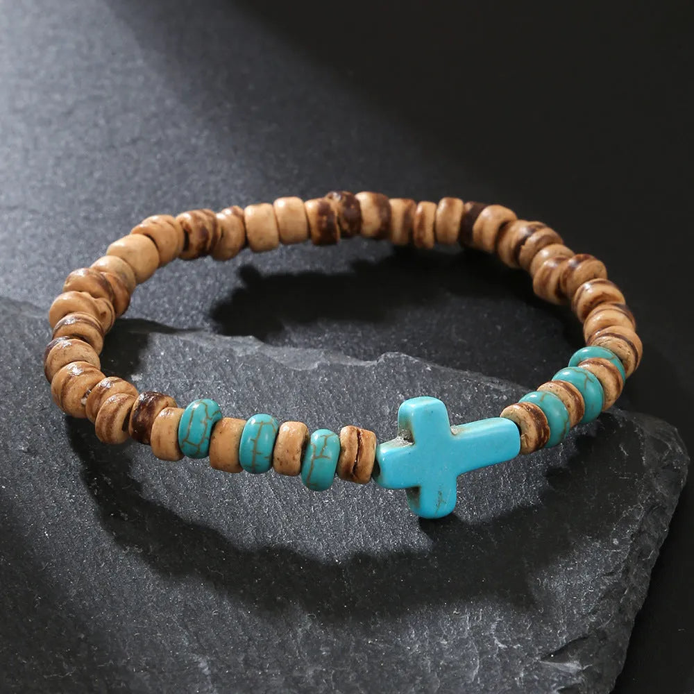Hand-woven wood turquoise unisex bracelet with totem pattern