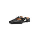 British style square toe outdoor slippers in beige with a low heel and rubber sole.