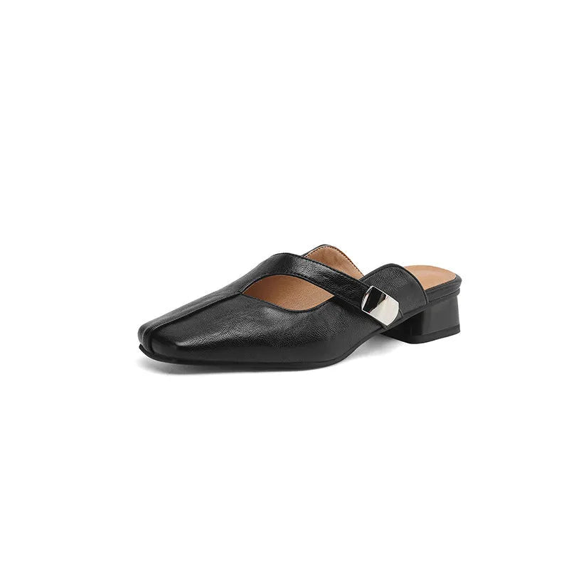 British style square toe outdoor slippers in beige with a low heel and rubber sole.