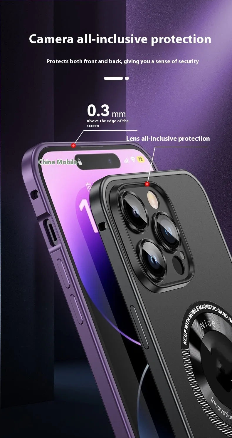 Black metal frame phone case with spring fastener for iPhone 14 Pro Max, frosted finish