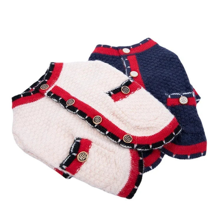 Blue Bejirog wool sweater cardigan for pets in classic princess style on mannequin