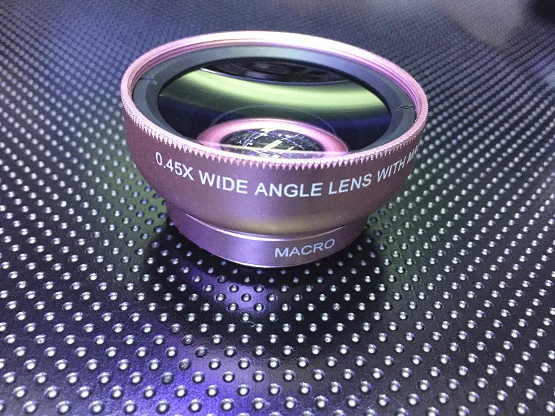 Mobile phone lens kit showing wide angle lens, macro lens, and universal clip mount in multiple colour options
