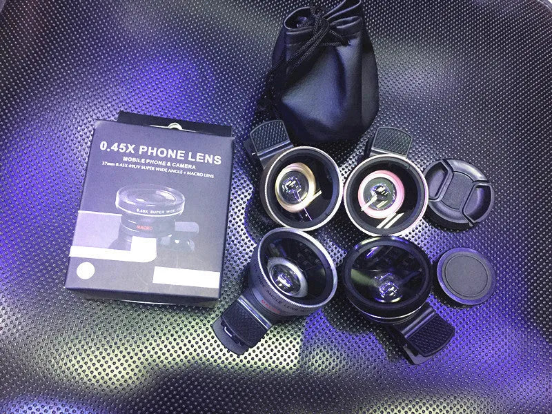 Mobile phone lens kit showing wide angle lens, macro lens, and universal clip mount in multiple colour options